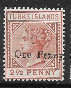 TURKS ISLANDS SG61 1889 1d ON 2½d RED-BROWN MTD MINT