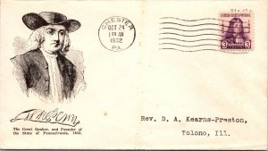 FDC 1932 SC #724 A227 William Penn Issue - Chester PA - Single - F60203