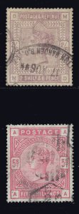 MOMEN: GREAT BRITAIN SC #96a,108a BLUISH PAPER 1883-4 USED $7,750 LOT #66821*