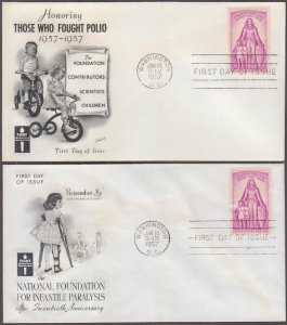 USA # 1087.1 SET of 2 DIFF FDC CACHETS - HONOURING THOSE who HELPED FIGHT POLIO