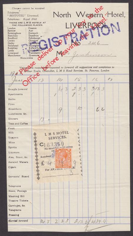 Great Britain Sc 238 used as Fiscal on 1928 Hotel Registration & Bill