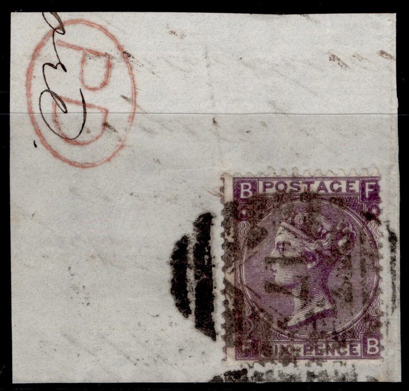 GB QV SG105, 6d DEEP lilac plate 6, USED. Cat £150. VERY DEEP SHADE. On PIECE FB