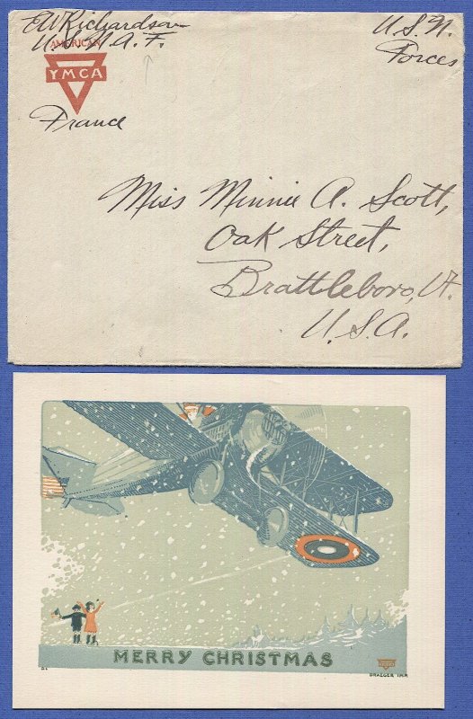 US WWI Naval Aviation Forces, France YMCA Envelope + Aircraft Christmas Card