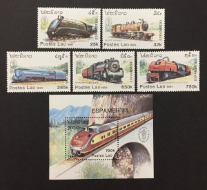 Laos 1991 #1038-43,  Train's, MNH.