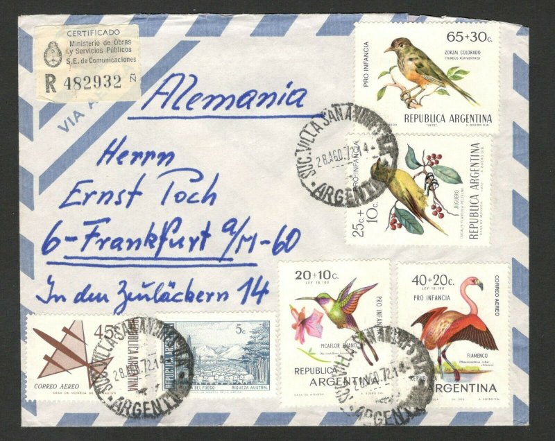 ARGENTINA TO GERMANY -AIRMAIL R LETTER-MULTI FRANKED-BIRDS-FAUNA-PLANE-1972.