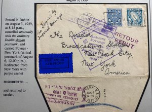 1939 Dublin Ireland First Airmail Flight Cover To New York Usa Imperial Airways