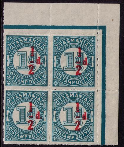 Tasmania  1/2 d on 1 d  stamp Duty Mint NH margin block of 4