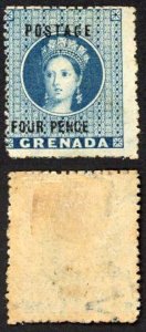 Grenada SG23a 1881 4d Blue surch type 9 Wmk Large Star SIDEWAYS Cat 1200 pounds