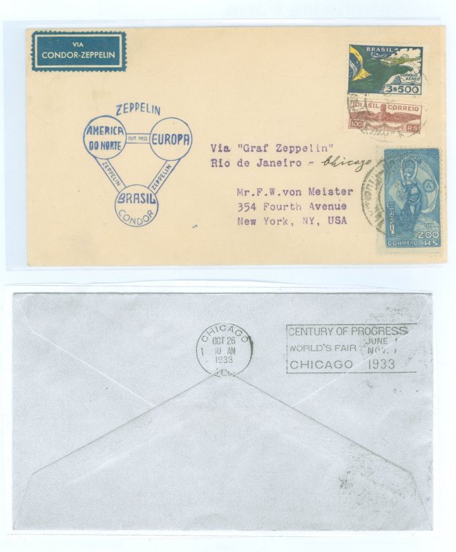 Brazil 380/C31 1933 cover carried on the October 1933 Zeppelin Flight from Brazil to the Century of Progress Exposition. With ca