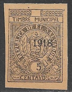 EL SALVADOR 1918 5c ARMS Municipal Revenue Imperf. Ross M210g MNGAI