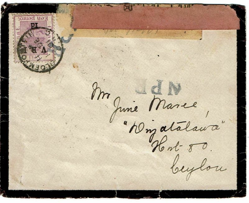 Orange Free State 1901 Bloemfontein cancel on mourning cover to POW in Ceylon