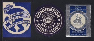 US Vintage 1938 Lot of 3 Philatelic Week, Convention, Society Cinderella Stamps