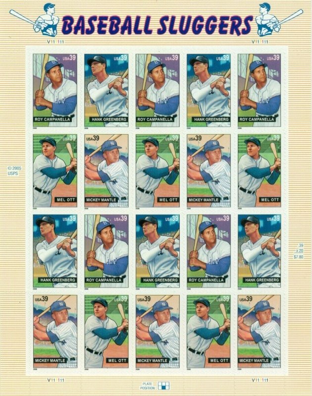 US: 2006 BASEBALL SLUGGERS; Complete Sheet Sc 4080-3; 39 Cents Values Ott Mantle