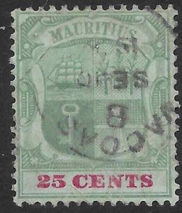 MAURITIUS SG151 1902 25c GREEN & CARMINE ON GREEN USED.