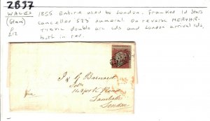 GB Wales Cover *MERTHYR TYDVIL* CDS Glamorgan London 1d Red 1855{samwells}ZB37