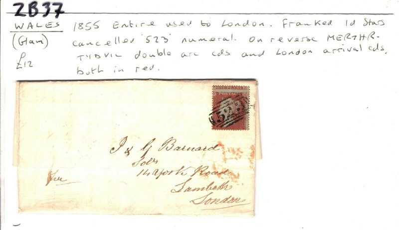 GB Wales Cover *MERTHYR TYDVIL* CDS Glamorgan London 1d Red 1855{samwells}ZB37