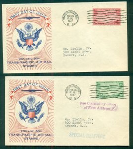 US #C21-2, 20¢ & 50¢ China Clipper FDC's, WSE cachet, VF, Mellone $150.00