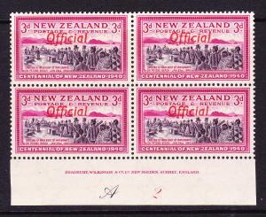 NEW ZEALAND  1940  3d  CENTENNIAL OFFICIAL  PLATE BLK 4 # A2  MNH  