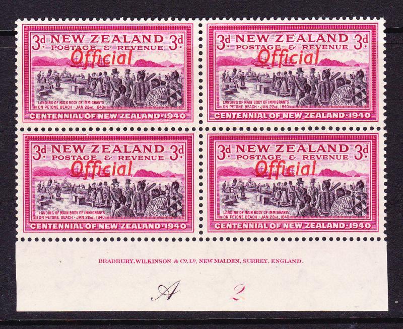 NEW ZEALAND  1940  3d  CENTENNIAL OFFICIAL  PLATE BLK 4 # A2  MNH  