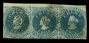 CHILE 1860 COLUMBUS -Estancos- 10c indigo blue , worn Sc# 10l used XF strip of 3