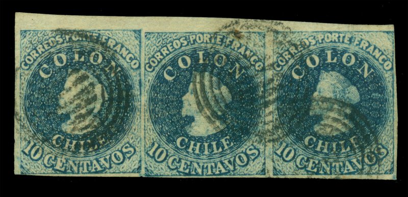 CHILE 1860 COLUMBUS -Estancos- 10c indigo blue , worn Sc# 10l used XF strip of 3
