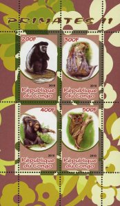 Congo Primate Monkey Orangutan Tree Jungle Souvenir Sheet of 4 Stamps Mint NH