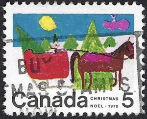 Canada #520 5¢ Christmas- Horse-drawn Sleigh (1970). Used.