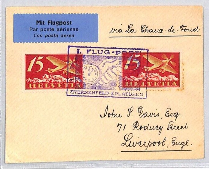 SWITZERLAND Air 1926 FIRST FLIGHT *Sternenfeld Eplatures* CACHET Cover GB  ZF266 | Europe - Switzerland, Stamp