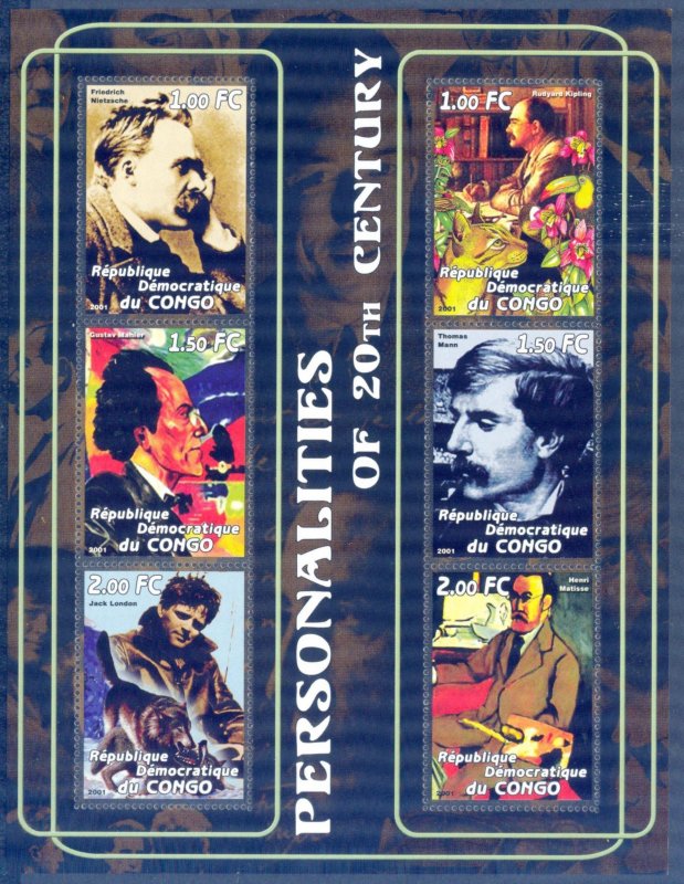 Congo 2001 Famous People R. Kipling T. Mann H. Matisse F Nietzsche Sheet MNH