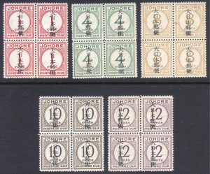 Malaya Johore 1943 1c-12c OCC BLOCKS Scott J7-J12 SG JD6-JD10 MLH/MNH Cat $192