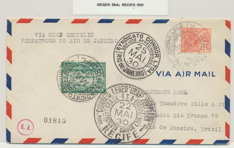 BRAZIL 1930 GRAF ZEPPELIN COVER, RECIFE TO RIO Si#59A