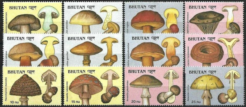 1989 Bhutan Mushrooms, Funghi, complete set VF/MNH! CAT 24$ LOOK!