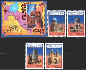 Uzbekistan. 1995. 71-74, bl6. Silk Road, Camels, Architecture, Map. MNH.