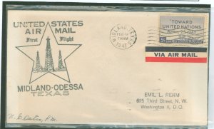 US 928 1st Flight Midland to Dallas Texas, Feb 19 1947 addressed signed by acting P.M.