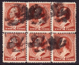 Scott 210, Used Block of 6, LEAF Fancy Cancels on Each Stamp!