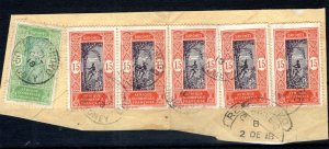 France Cols DAHOMEY Stamps 15c{5} & 5c Porto Novo CDS 1918 Used Piece SS4498