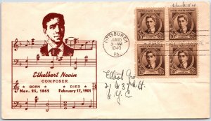 US FIRST DAY COVER ETHELBERT NEVIN FAMOUS COMPOSER BLOCK OF (4) CACHET U12 1940