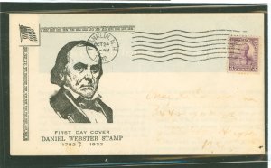 US 725 1932 3c Daniel Webster/on an addressed first day cover with a Franklin, NH machine cancel with a Gill cachet.