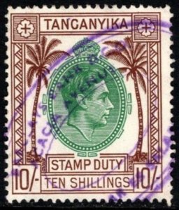 1950 Tanganyika 10 Shillings Stamp Duty King George VI Used