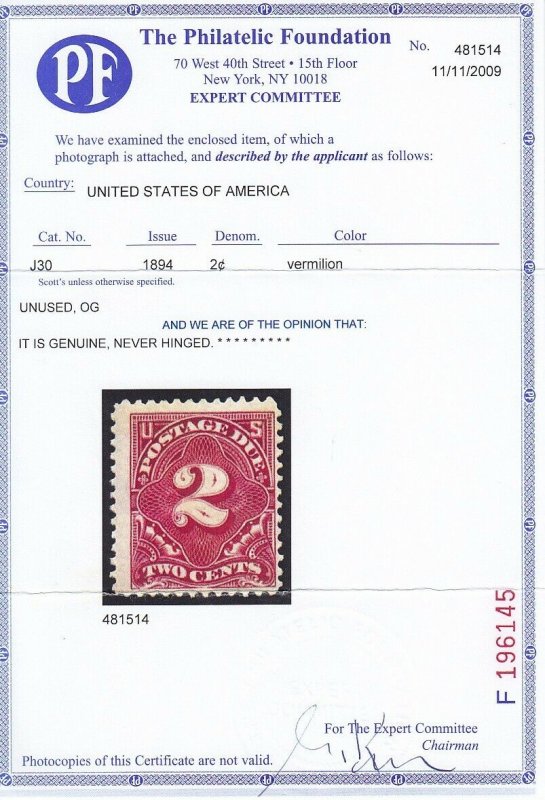 J30 with PF cert. F-VF OG mint never hinged with nice color cv $1950 ! see pic !