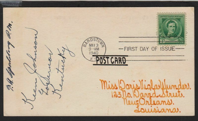 1940 Stephen Foster Sc 879 FDC signed Kentucky Governor - Wunder cover