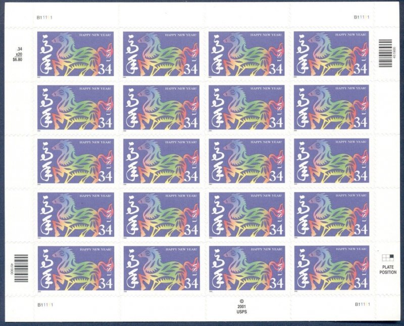 US: 2002 LUNAR NEW YEAR; HORSE; Complete Sheet of 20, Sc 3559; 34 Cents Values