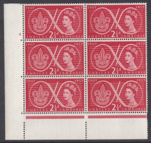 1957 2½d Jubilee Jamboree (scouts) Cylinder 4 no dot block UNMOUNTED MINT