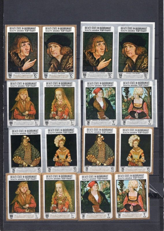 ADEN QU'AITI 1967 PAINTINGS BY LUCAS CRANACH 2 SETS OF 8 STAMPS & 2 S/S MNH