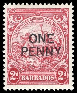 Barbados 1947 KGVI 1d on 2d carmine SHORT Y IN PENNY var Row 6/2 VFM SG 264ec