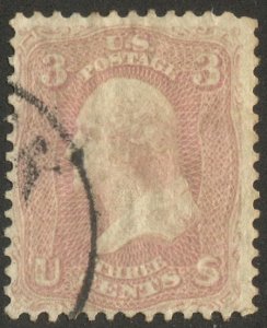 US 1861 3c Rose Pink, Scott 64b Used F-VF, light cancel, Scv $150