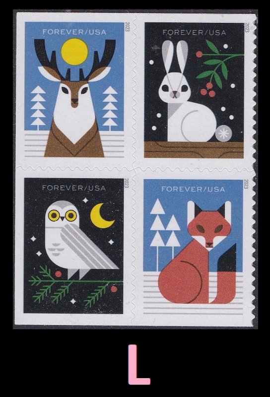 US 5822-5825 5825a Winter Woodland Animals forever block (4 stamps) MNH 2023