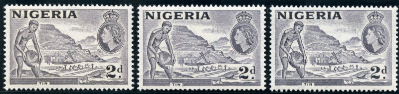 Nigeria 1953 QEII 2d in three listed Type A shades MNH. SG 72c, 72d, 72 e.  