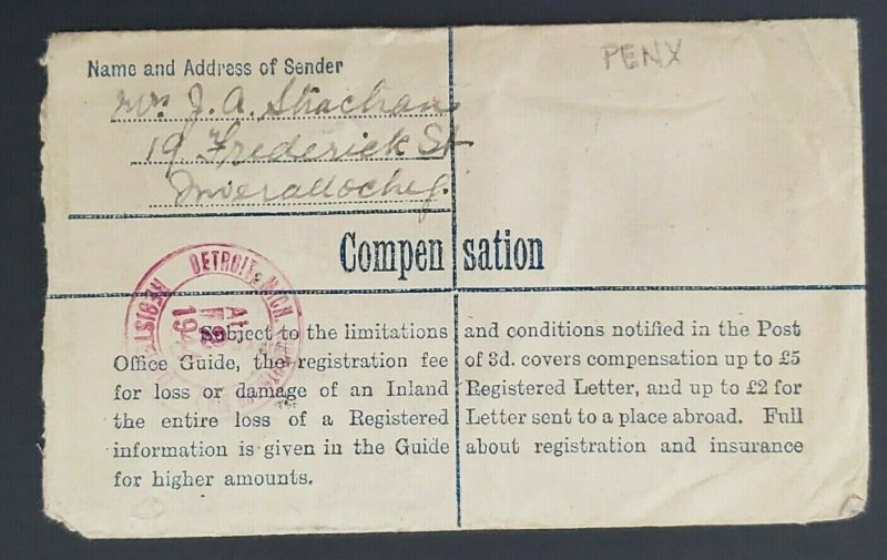 1944 Inverallochy Scotland to Detroit Michigan USA Registered WWII Cover