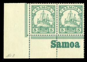 German Colonies - SAMOA 1900 Kaiser's YACHT 5pf grn Sc#58 MNH pair w/bottom INSC